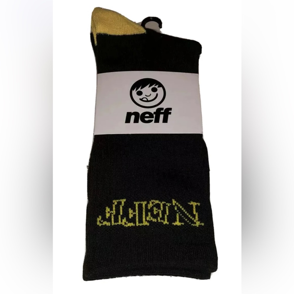 Neff Crew Socks 1 Pair Men's 6.5-12 Black w/ Yellow & Logo Skate Ride BMX NEW!